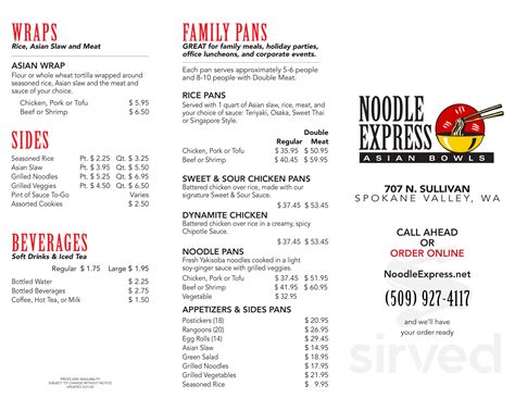 Noodle express spokane - Address: 707 N Sullivan. Spokane Valley, WA 99037. Phone: (509) 927-4117. Noodle Express Division: Hours: 11:00AM-9:00PM Daily. Address: 7514 N Division. …